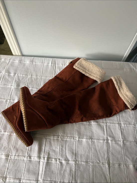 JustFab Shoes - JustFab Over The Knee Faux Sherpa Lined Wedged Heel Boots Chestnut 9